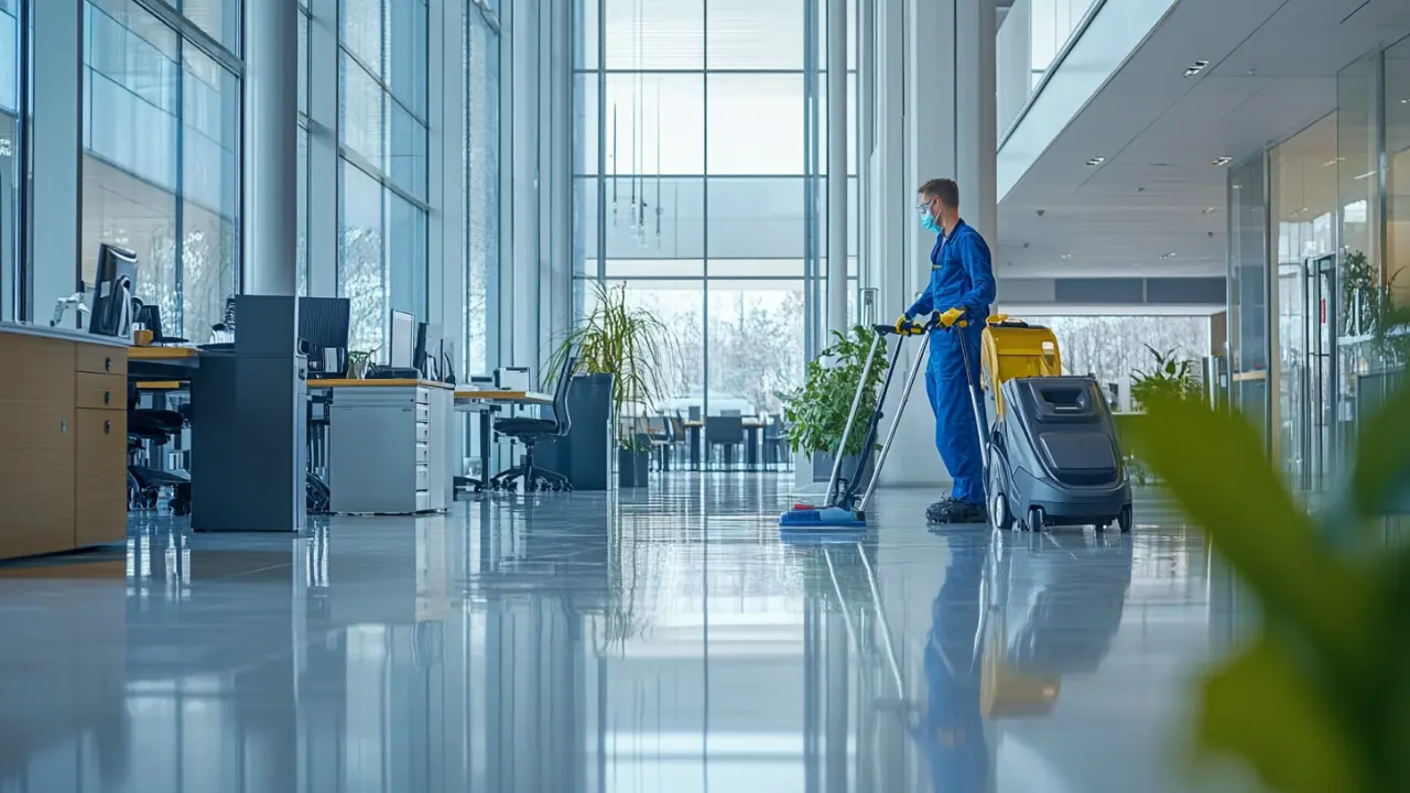 Un professionnel qui polit le plancher d'un hall de bureau
